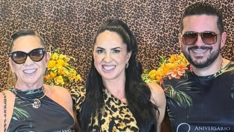Ao lado do namorado, Margareth Serrão esbanja estilo na festa de aniversário de Graciele Lacerda