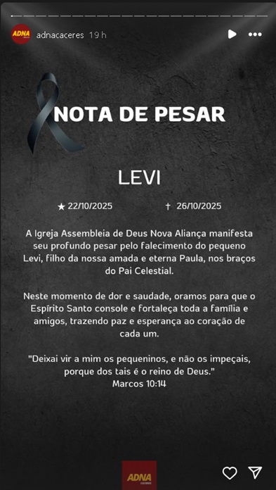 Comunicado sobre a morte de Levi - Foto: Reprodução/Instagram