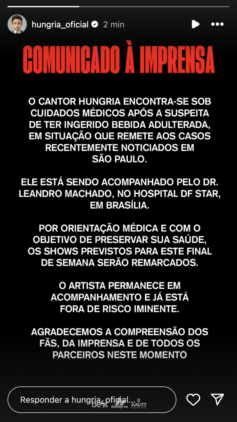 Comunicado da equipe do cantor Hungria - Foto: Reprodução / Instagram @hungria_oficial