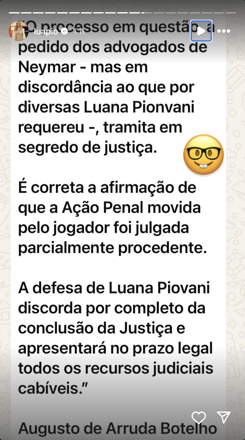 Mensagem do advogado de Luana Piovani - Foto: Reprodução / Instagram