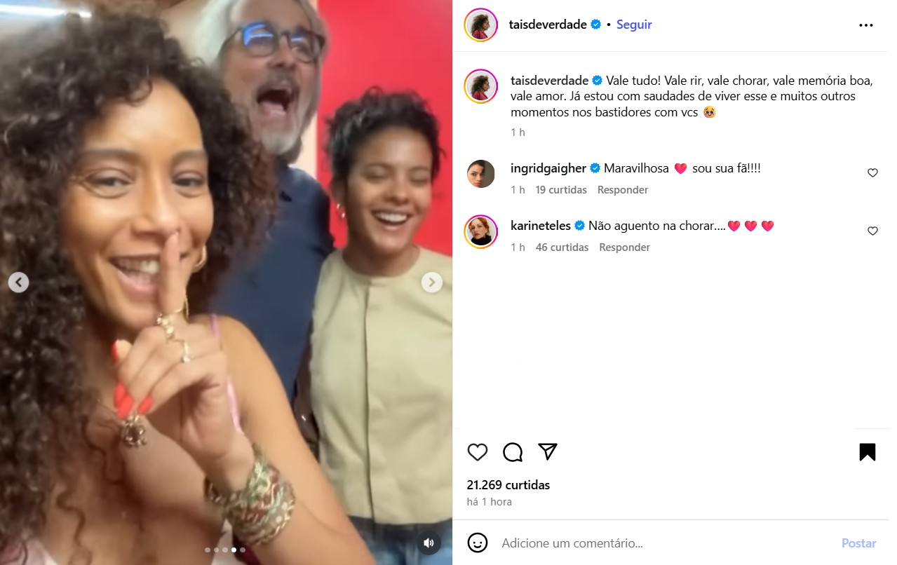 Taís Araujo mostra bastidores da reta final de Vale Tudo - Foto: Reprodução / Instagram @taisdeverdade