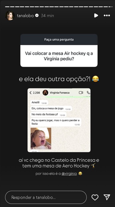 Tana Lobo mostra print de conversa com Virginia – Foto: Reprodução/Instagram