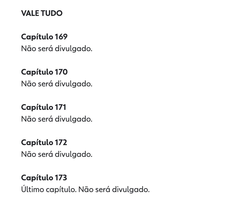 Imagem do arquivo do resumo de novelas da Globo sem os resumos da última semana de Vale Tudo - Foto: Reprodução / Globo