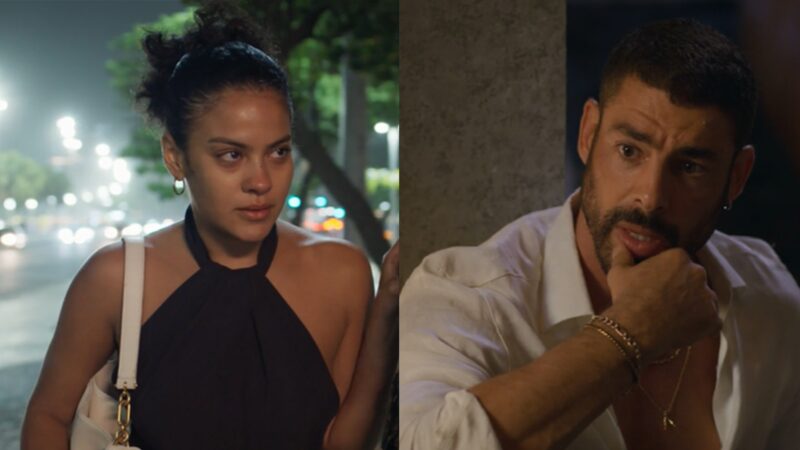 César (Cauã Reymond) e Maria de Fátima (Bella Campos) — Foto: Reprodução/TV Globo