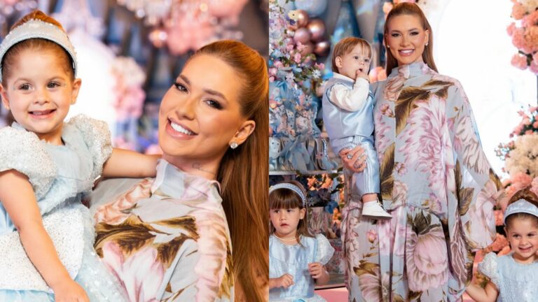 Sem Zé Felipe, Virginia Fonseca posa com os filhos na festa de Maria Flor