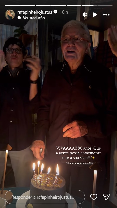 Rafa Justus celebra 86 anos do avô, Fernando Pinheiro - Foto: Reprodução/Instagram @rafapinheirojustus