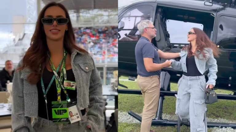 Bruna Biancardi chama atenção ao chegar de helicóptero ao GP de São Paulo