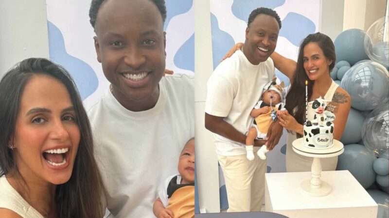 Carol Peixinho e Thiaguinho mostram o rosto do filho em fotos de mesversário