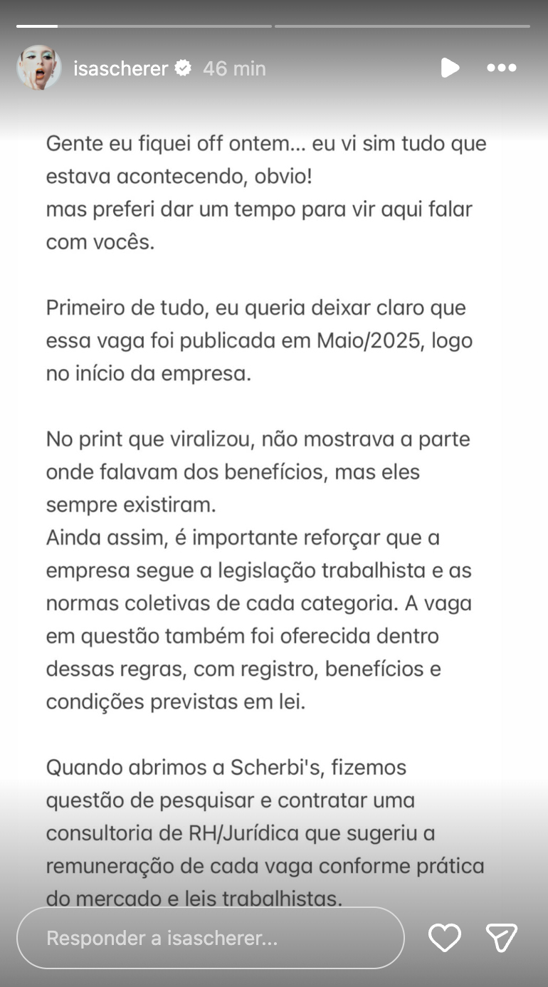 Mensagem de Isabella Scherer - Foto: Reprodução / Instagram