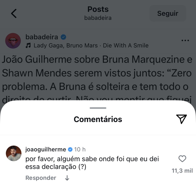 João Guilherme rebate suposta declaração— Foto: Reprodução/Instagram