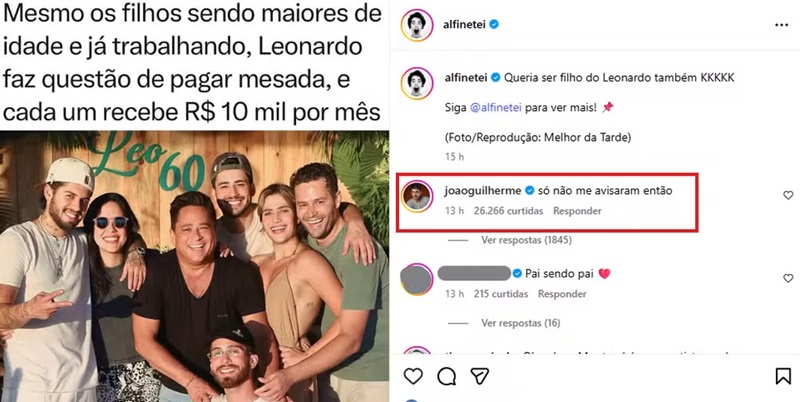 João Guilherme responde a notícia sobre mesada de Leonardo— Foto: Reprodução/Instagram