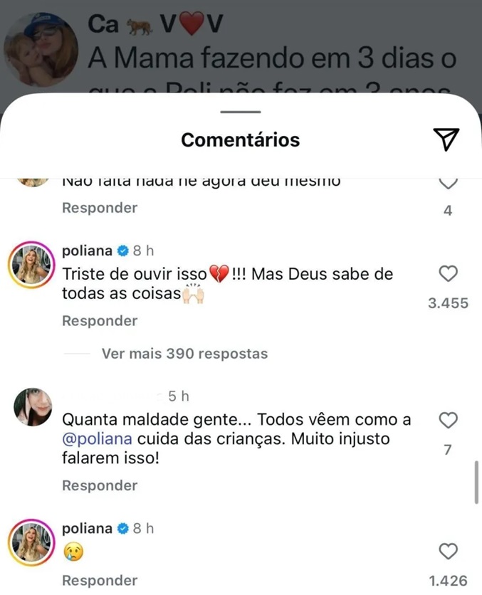 Comentário de Poliana em post sobre mãe de Vini Jr. no Instagram