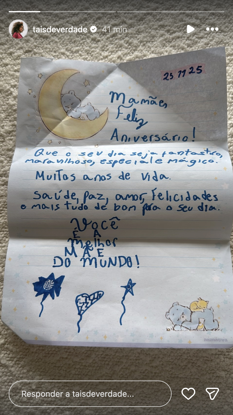 Post de Taís Araujo com a carta que recebeu da filha - Foto: Reprodução / Instagram