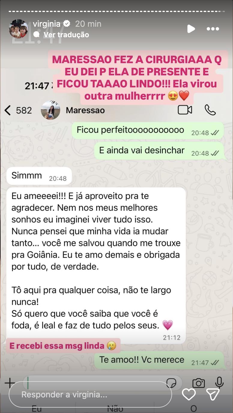 Virginia compartilha conversa com Maressa - Foto: Reprodução / Instagram