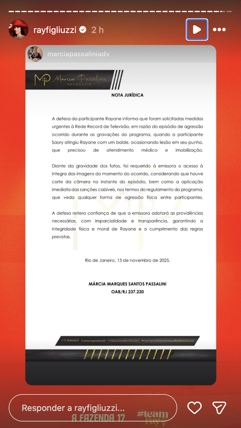 Post da equipe de Rayane Figliuzzi - Foto: Reprodução / Instagram