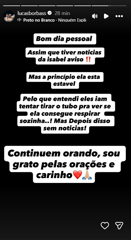 Marido de Isabel Veloso atualiza quadro de saúde da influenciadora - Reprodução/Instagram @lucasborbass