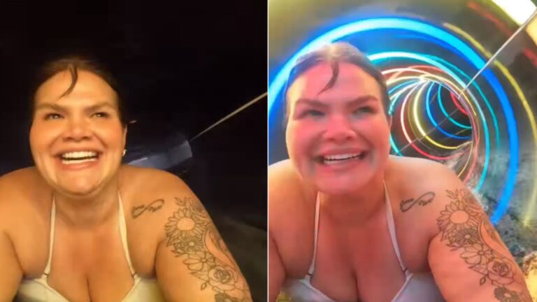 Thais Carla comemora ao entrar em tobogã, após perder 74 kg