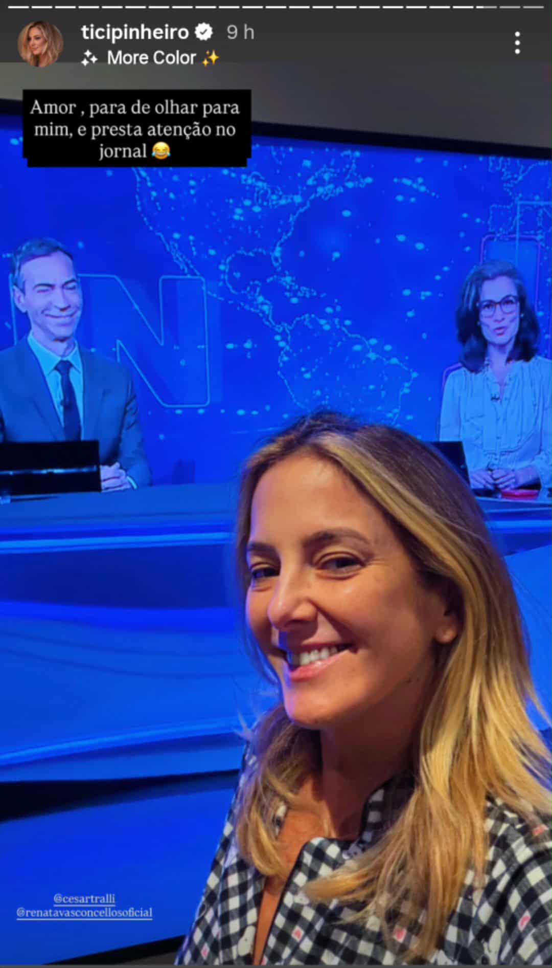 Ticiane Pinheiro brinca ao ver César Tralli no 'Jornal Nacional'