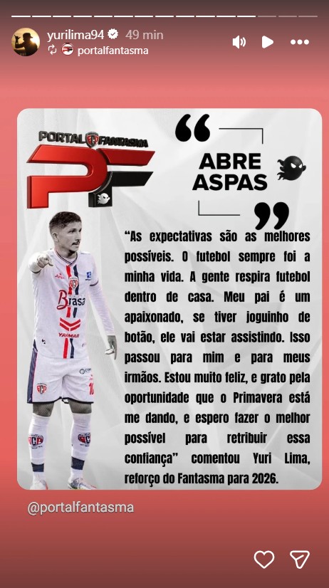 Yuri Lima volta ao futebol - Reprodução/Instagram @yurilima94 