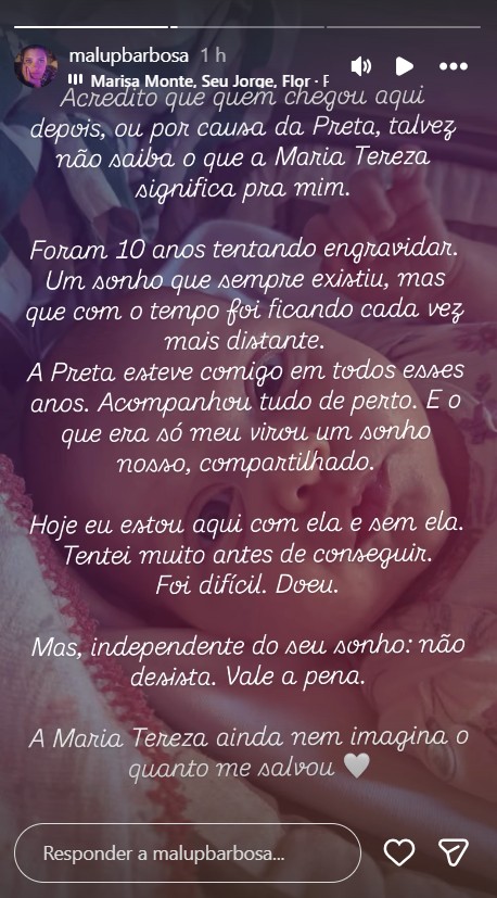 Malu Barbosa recorda apoio de Preta Gil - Foto: Reprodução / Instagram @malupbarbosa