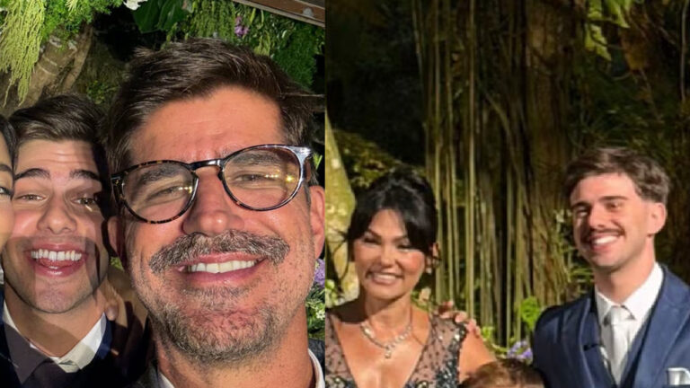 Ex-Tiazinha, Suzana Alves e o ex-marido celebram casamento do filho em São Paulo