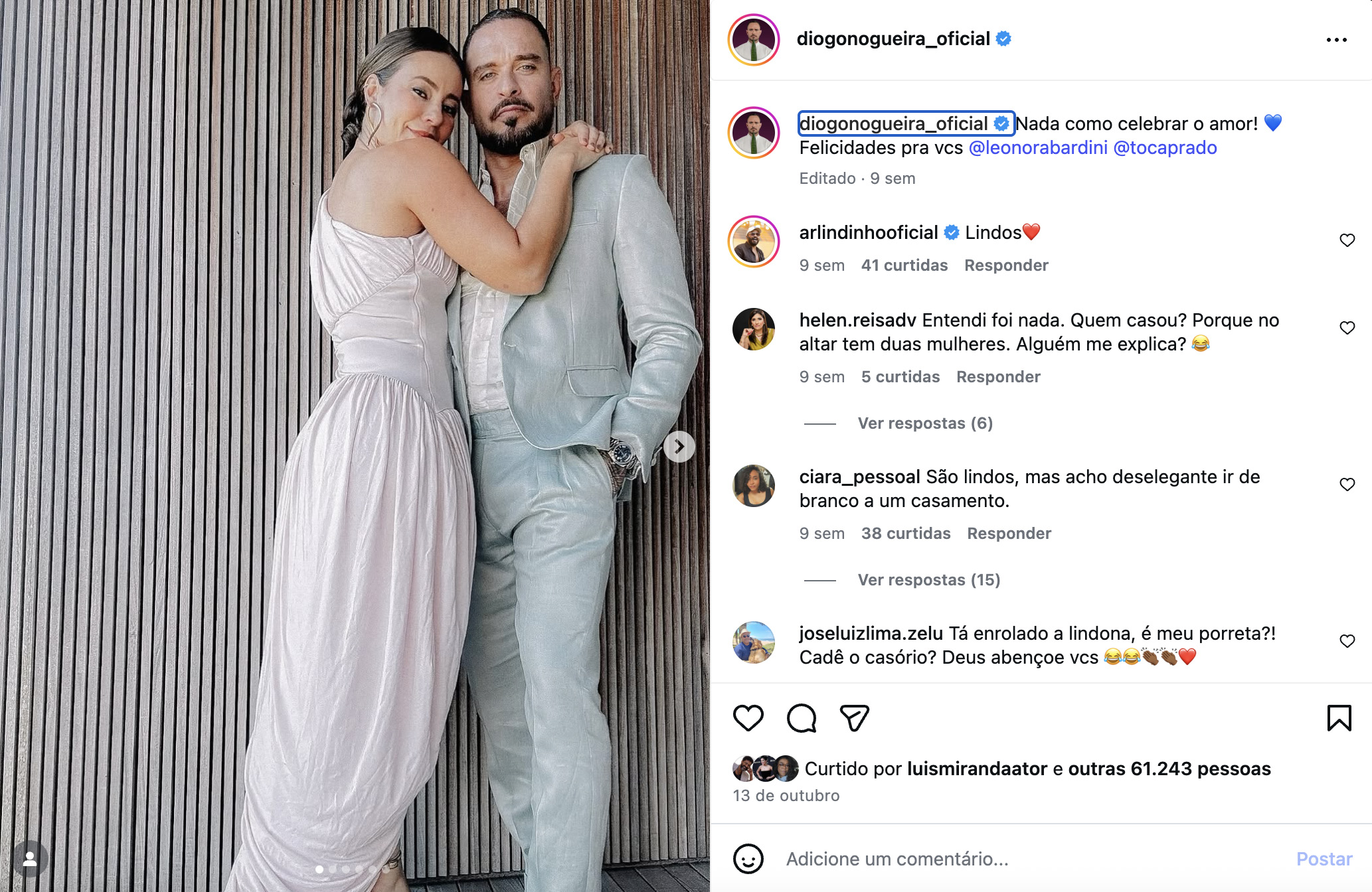 Post de Diogo Nogueira sobre Paolla Oliveira - Foto: Reprodução / Instagram