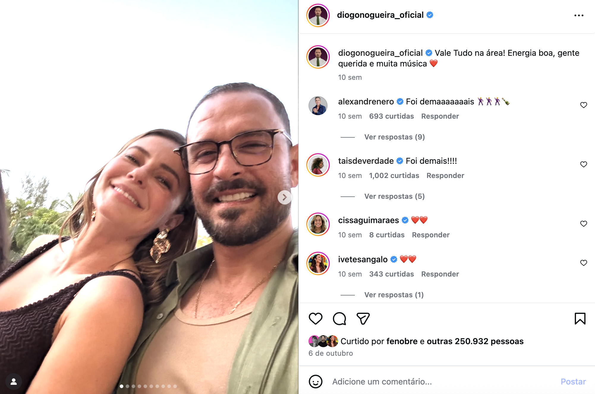Post de Diogo Nogueira sobre Paolla Oliveira - Foto: Reprodução / Instagram