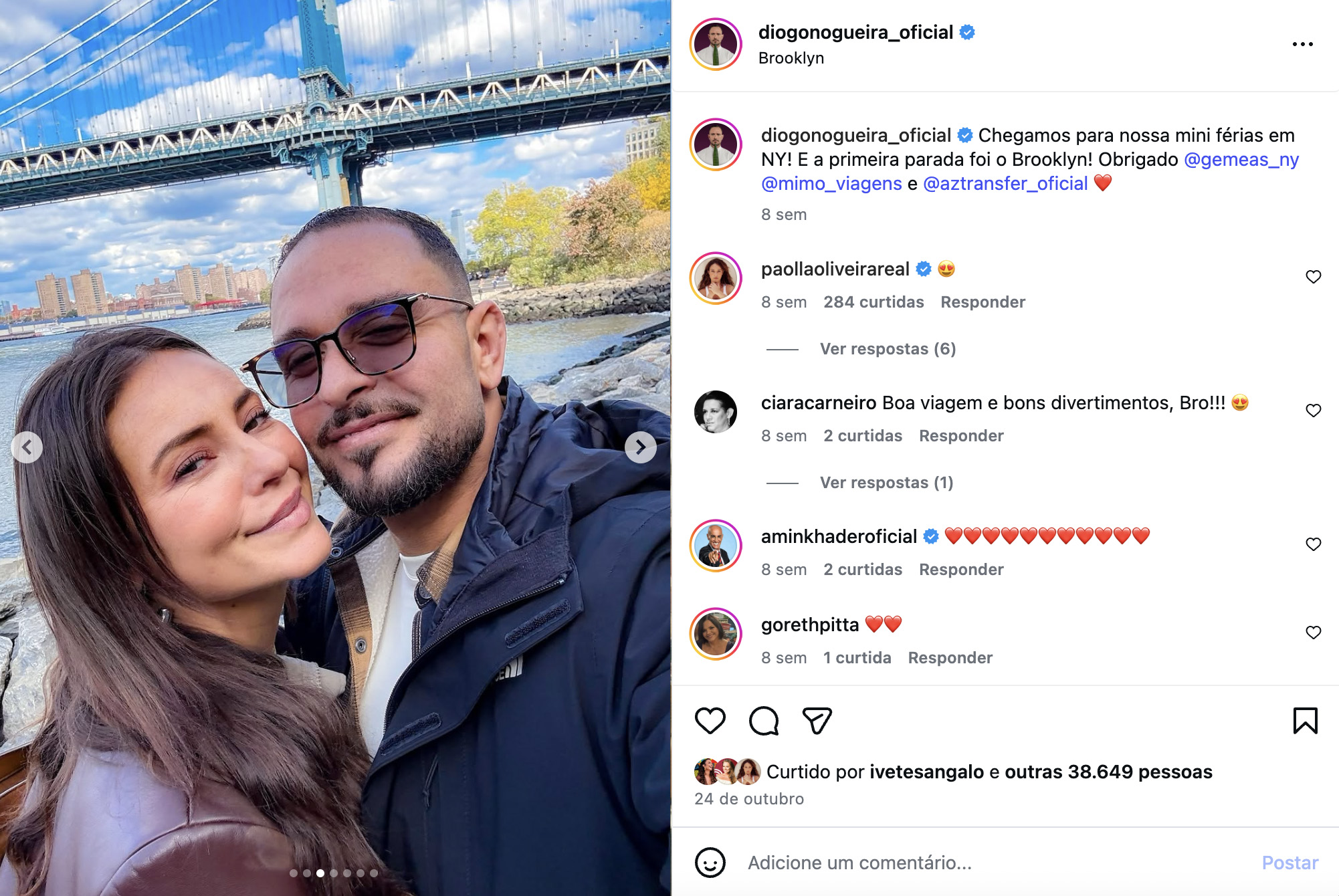 Post de Diogo Nogueira sobre Paolla Oliveira - Foto: Reprodução / Instagram