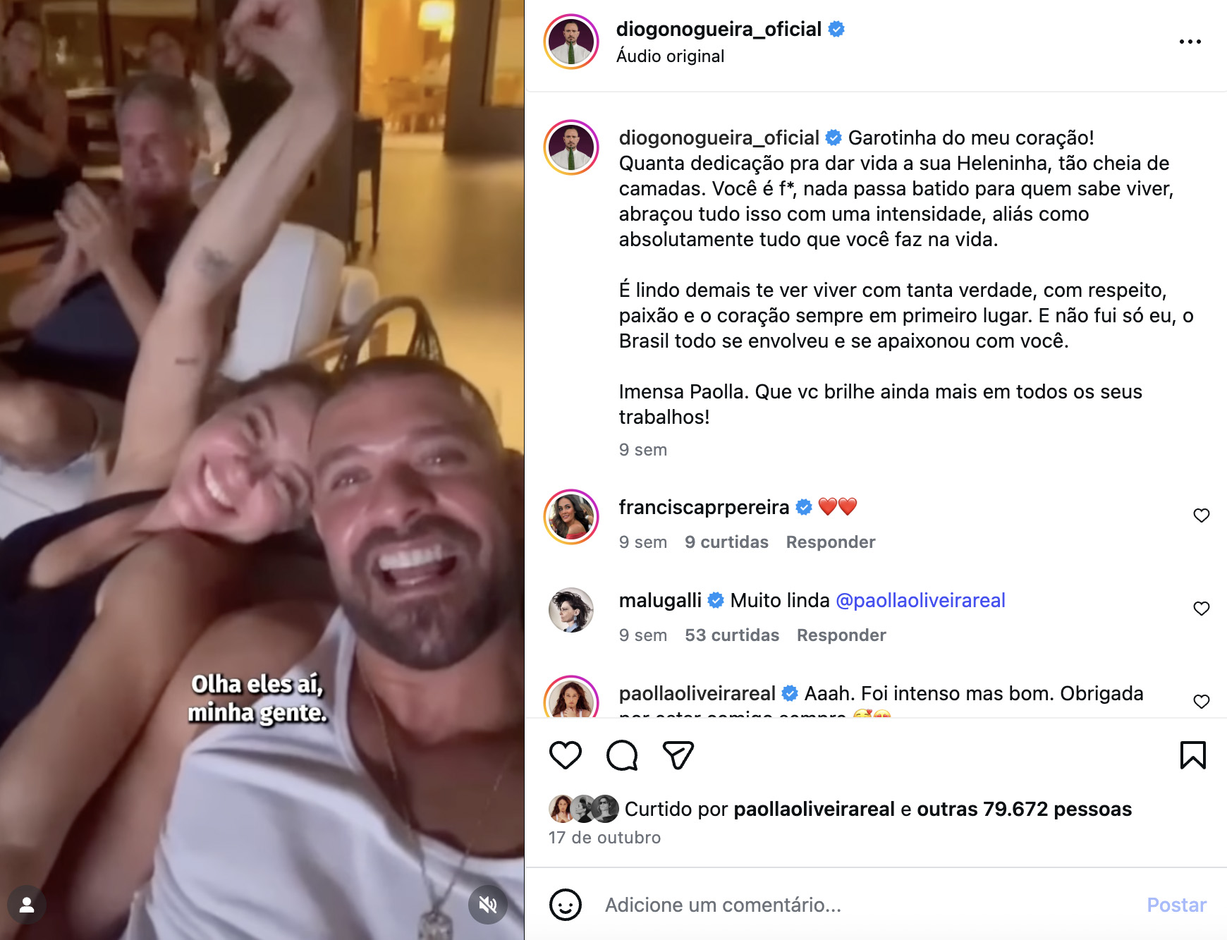 Post de Diogo Nogueira sobre Paolla Oliveira - Foto: Reprodução / Instagram