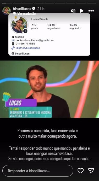Ex-BBB Lucas Bissoli celebra formatura em Medicina - Foto: Reprodução / Instagram @bissolilucas
