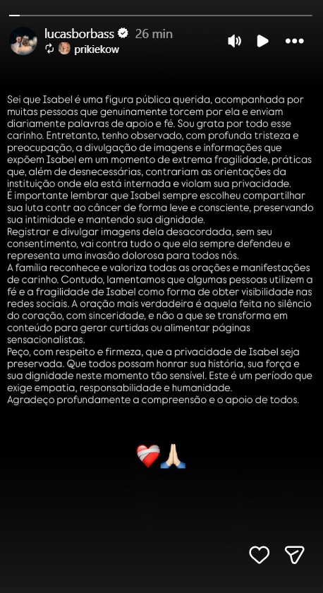 Família de Isabel Veloso pede respeito à privacidade da jovem - Foto: Reprodução/Instagram @lucasborbass 