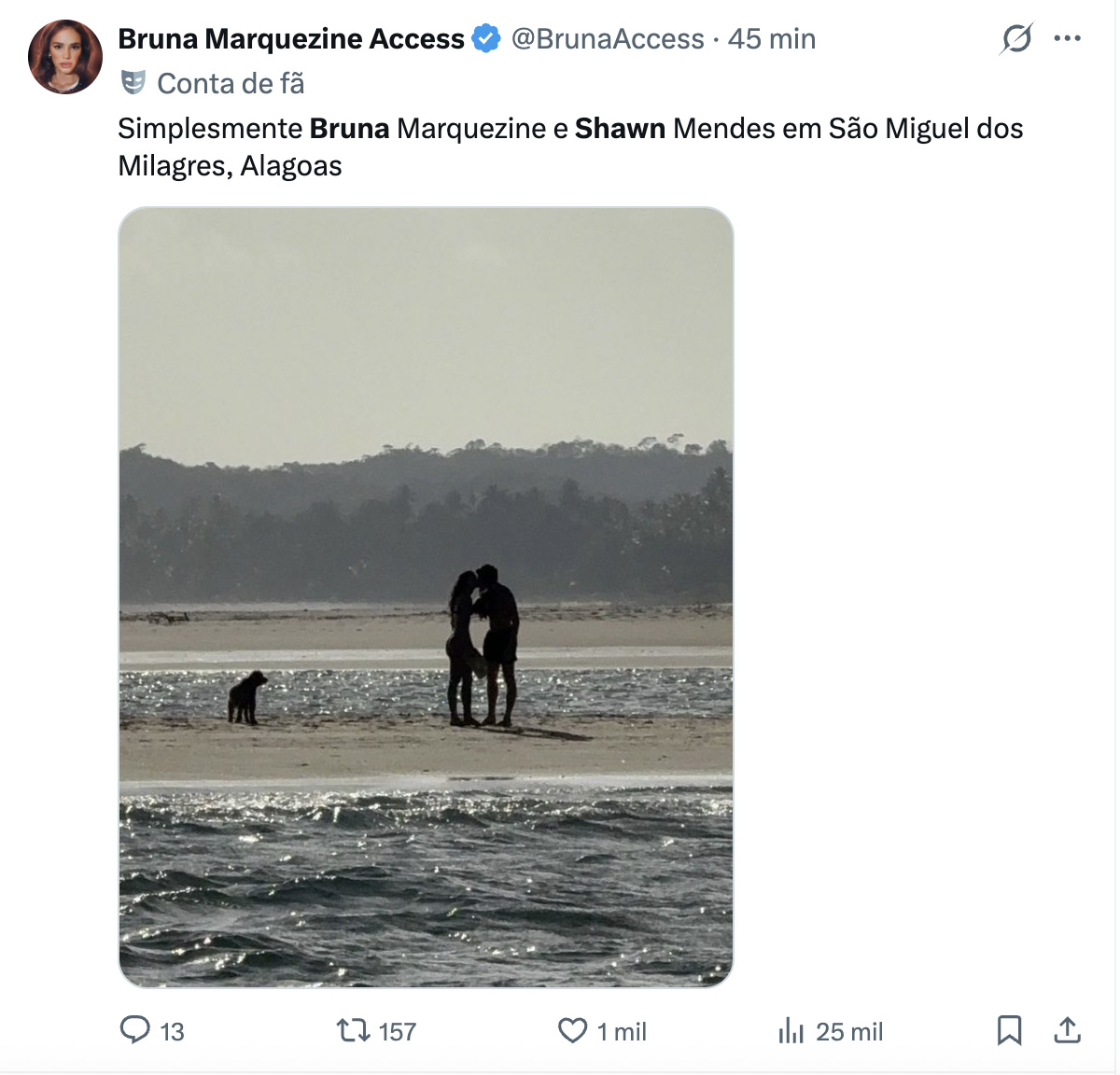Post de fã sobre flagra de Bruna Marquezine e Shawn Mendes - Foto: Reprodução / X