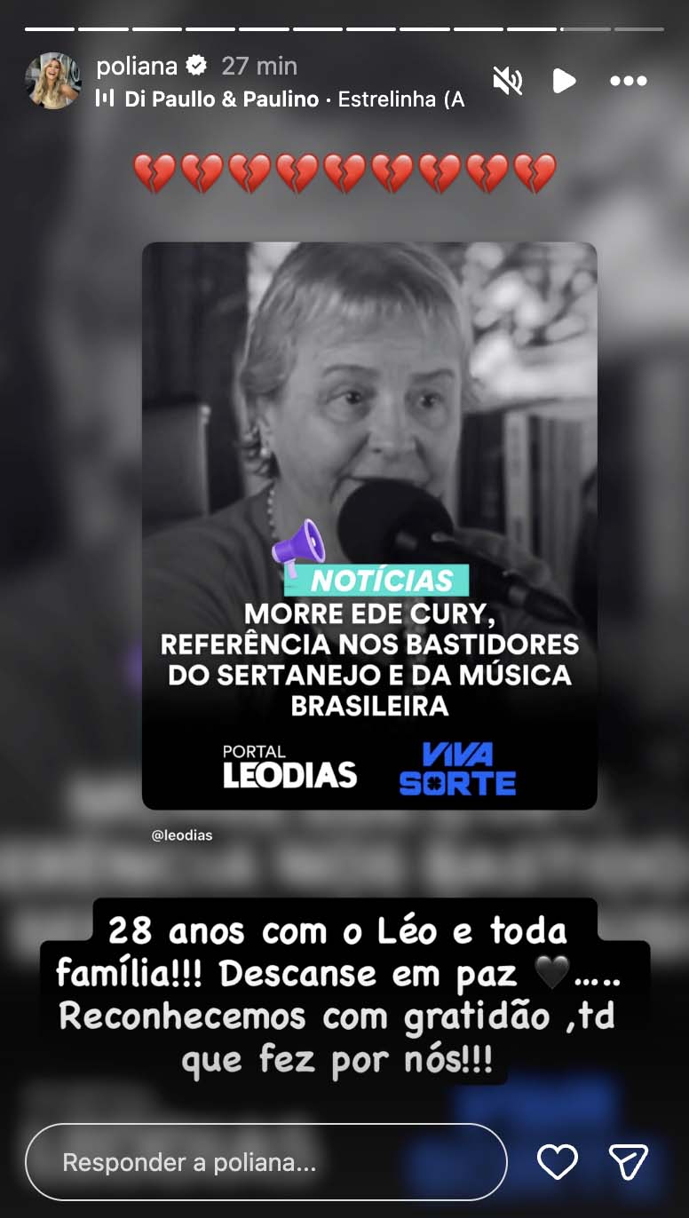 Post de Poliana Rocha sobre a morte de Ede Cury - Foto: Reprodução / Instagram