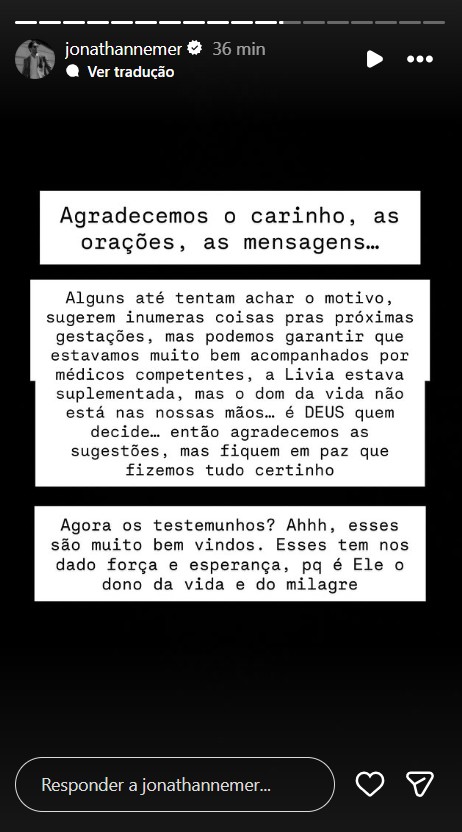Jonathan Nemer fala sobre a perda do filho - Reprodução/Instagram @jonathannemer