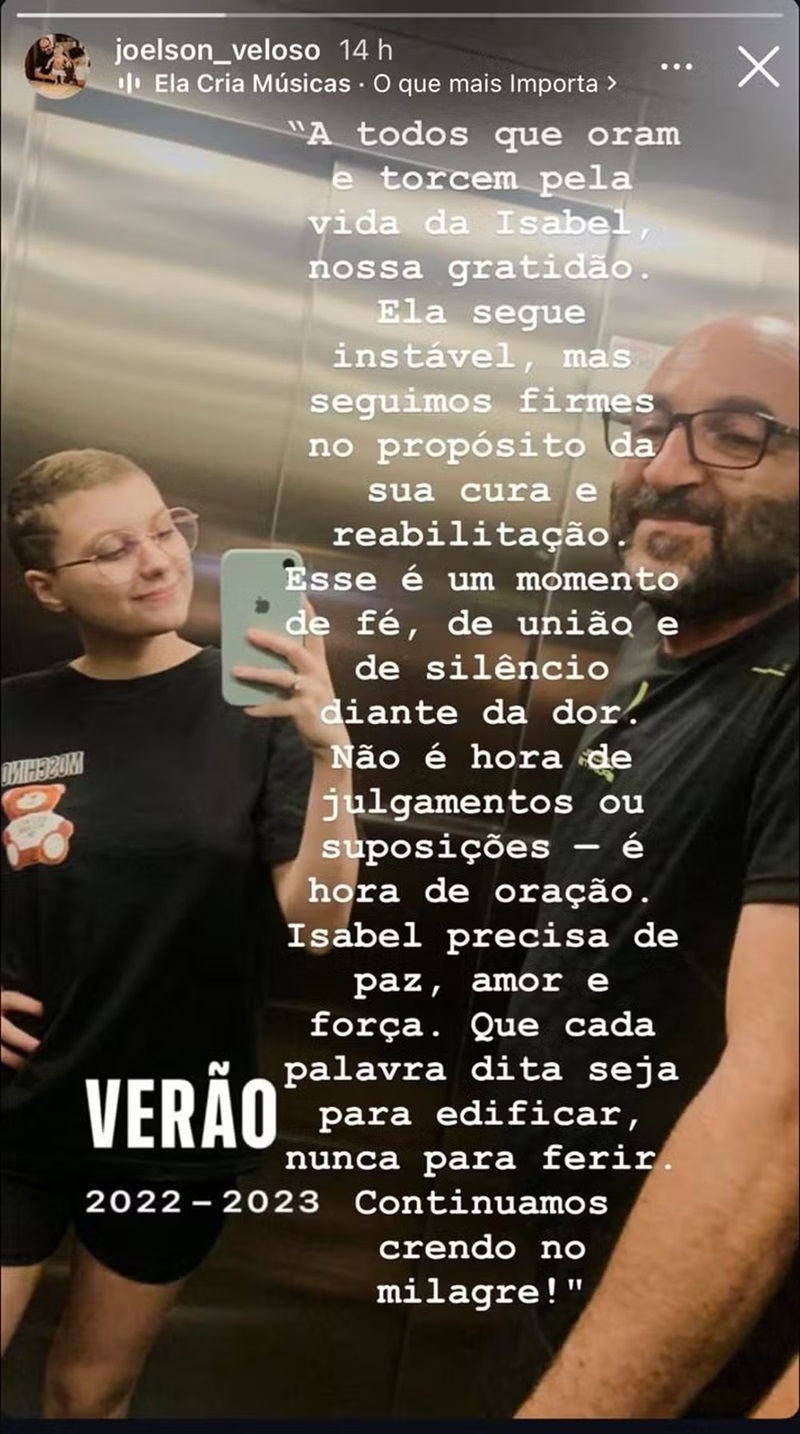 Pai de Isabel Veloso posta storie - Foto: Reprodução/ Instagram