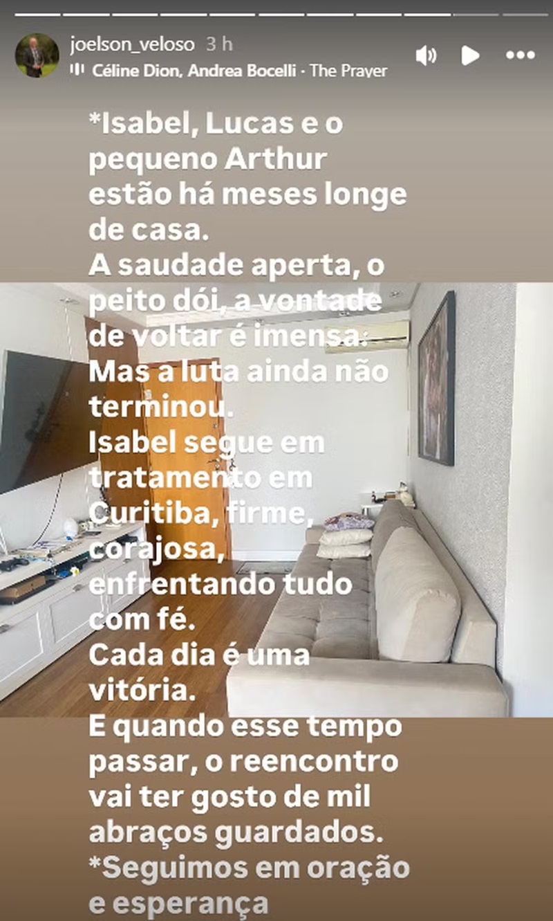 Desabafo do pai de Isabel Veloso - Foto: Reprodução / Instagram @joelson_veloso