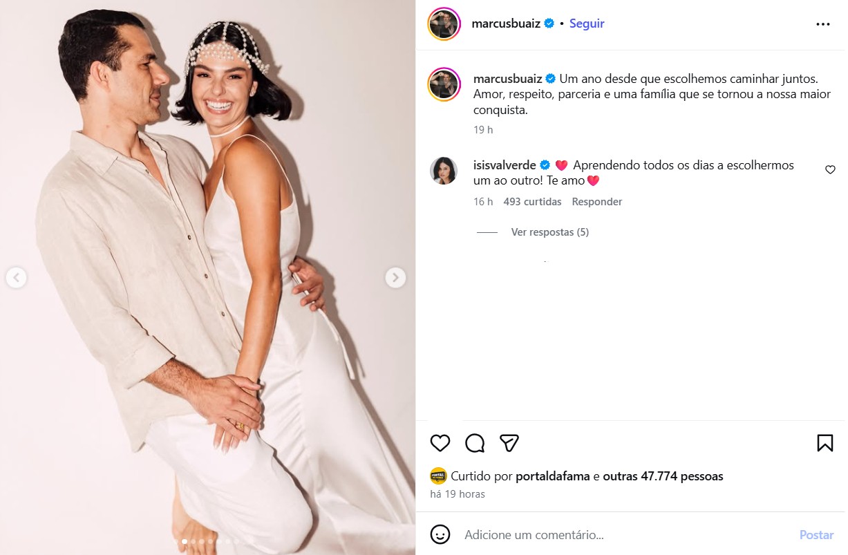 Marcus Buaiz e Isis Valverde trocam declarações ao celebrarem 1 ano de casados - Foto: Reprodução / Instagram @marcusbuaiz 
