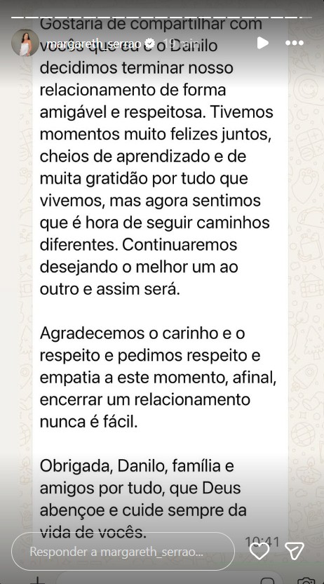 Margareth Serrão anuncia fim do namoro com Danilo - Foto: Reprodução / Instagram @margareth_serrão