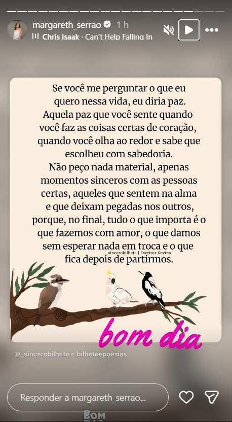 Margareth compartilhou reflexão antes do término - Foto: Reprodução / Instagram @margareth_serrao