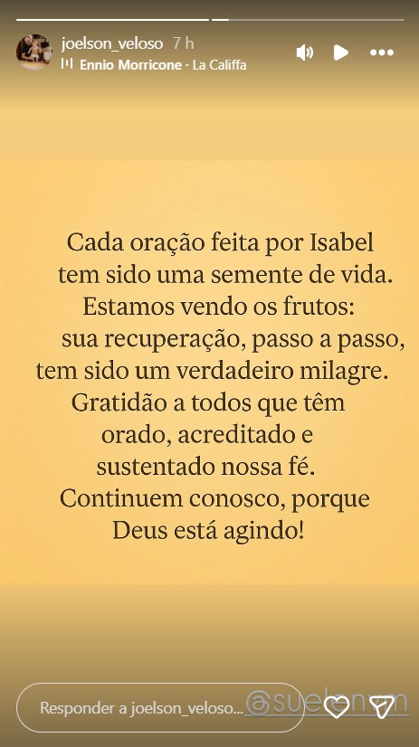 Pai de Isabel Veloso agradece orações - Foto: Reprodução/Instagram @joelson_veloso