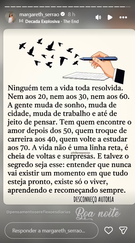 Margareth Serrão compartilha reflexão - Foto: Reprodução / Instagram @margareth_serrao 