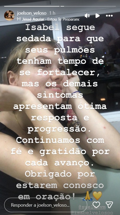 Pai de Isabel Veloso atualiza quadro de saúde da influencer - Foto: Reprodução/Instagram @joelson_veloso