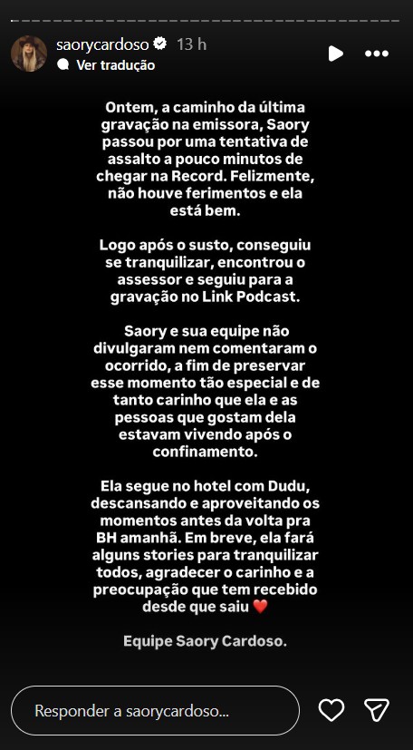 Saory sofre tentativa de assalto em SP - Foto: Reprodução / Instagram @saorycardoso
