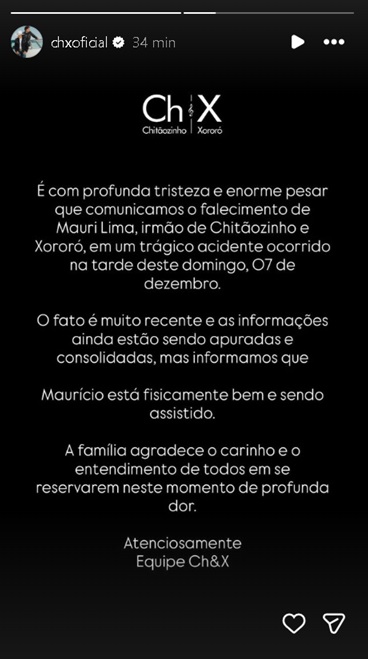 Comunicado da equipe de Chitãozinho e Xororó - Foto: Instagram
