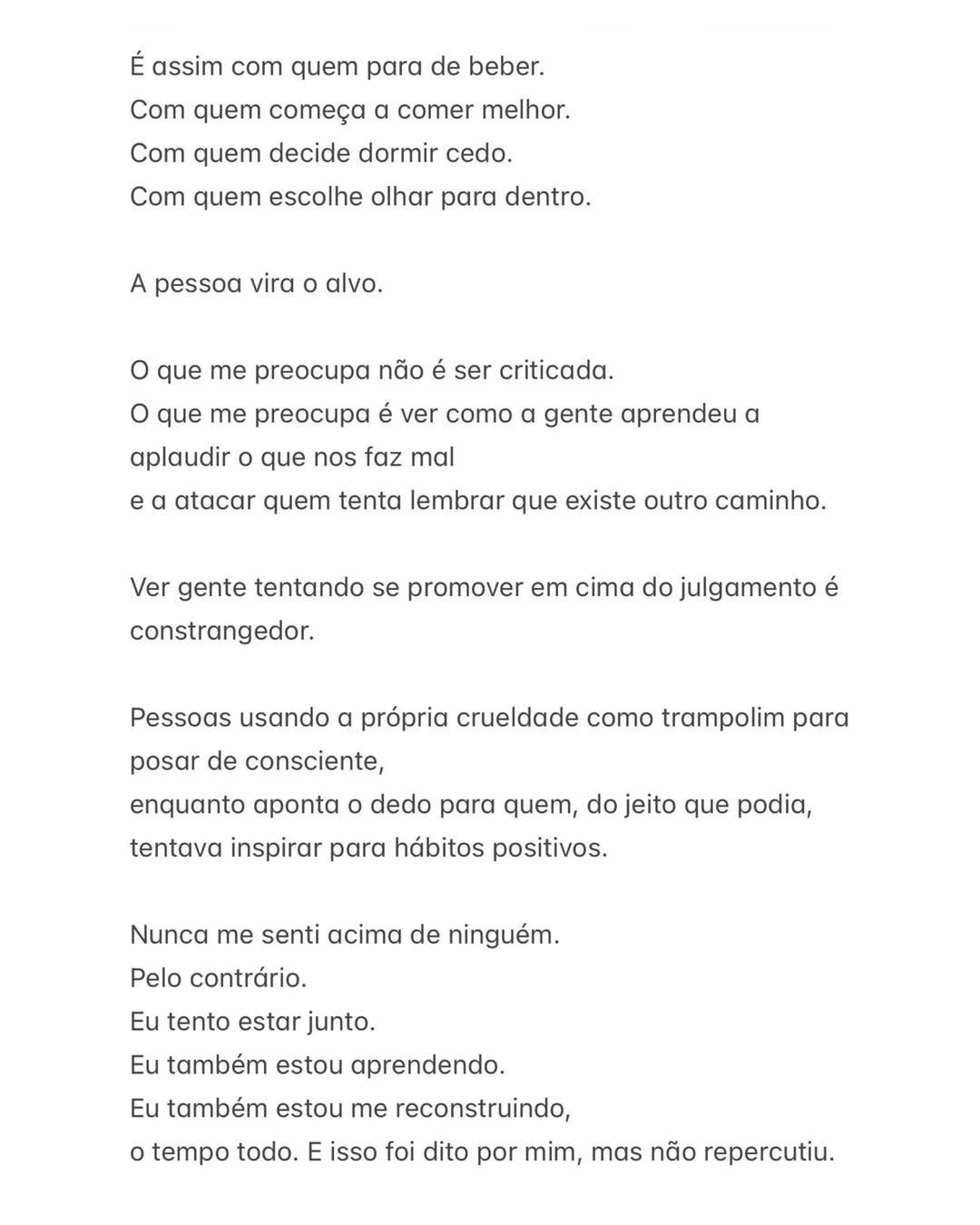 Carta aberta de Aline Campos — Foto: Reprodução Instagram