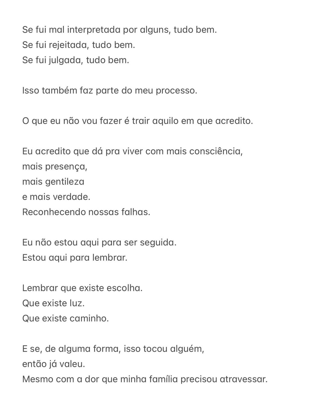 Carta aberta de Aline Campos — Foto: Reprodução Instagram