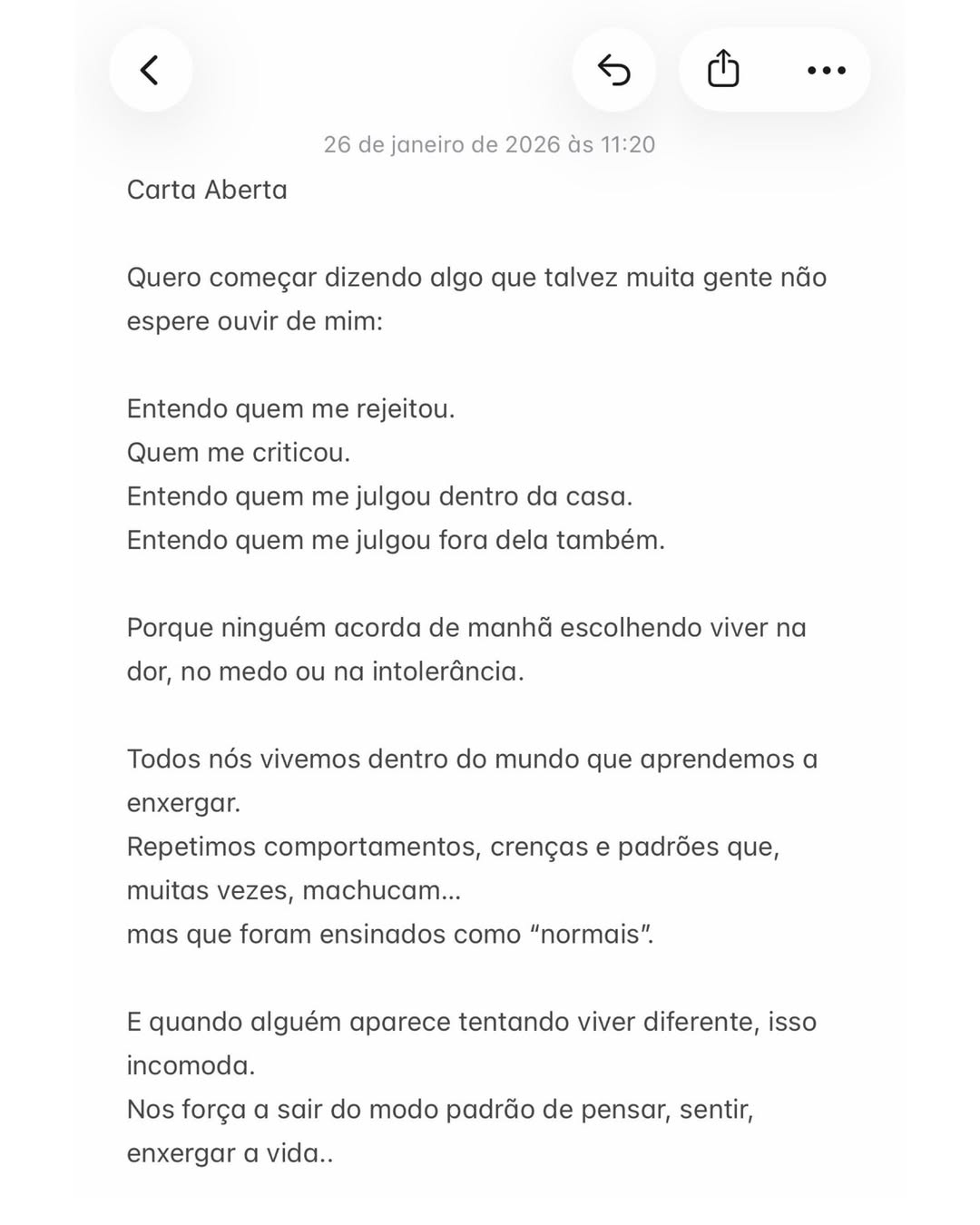 Carta aberta de Aline Campos — Foto: Reprodução Instagram