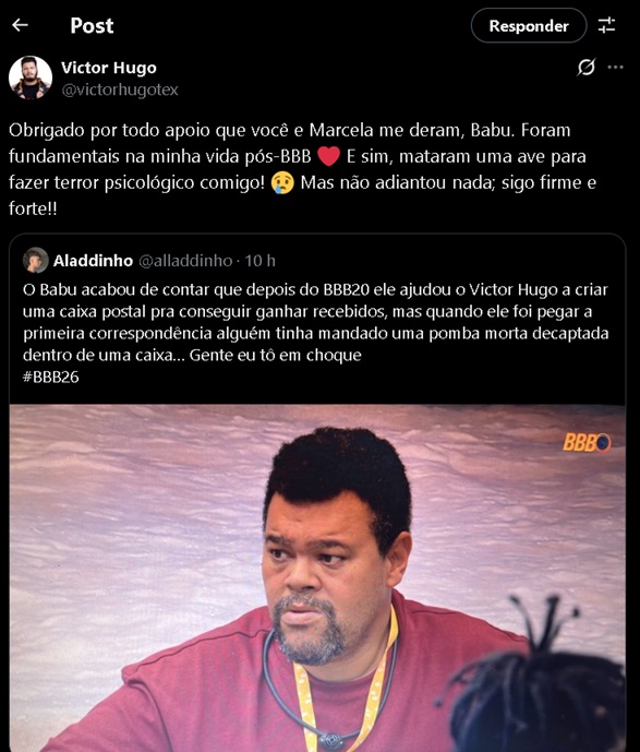 Victor Hugo relembra ajuda de Babu - Reprodução/X