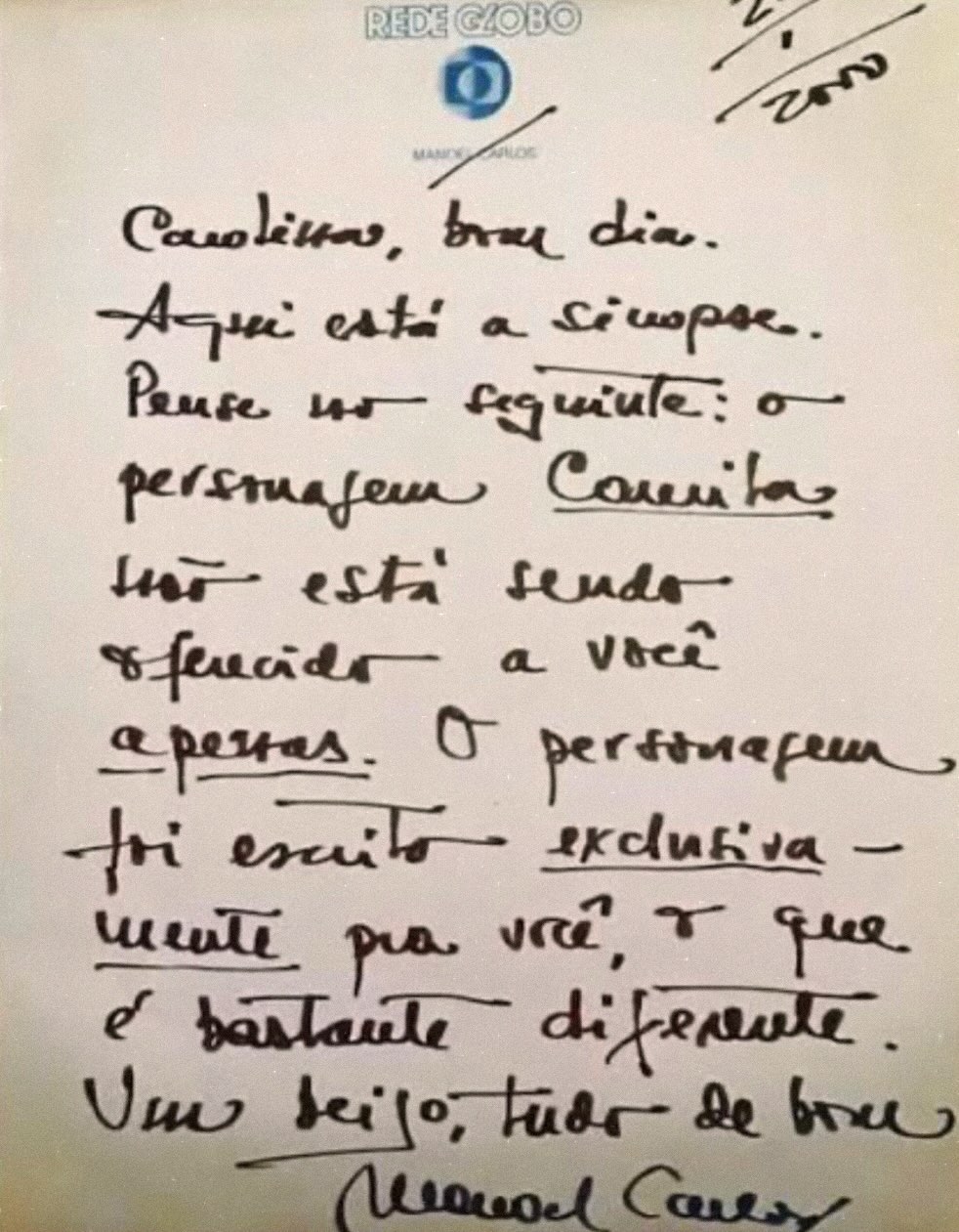 Bilhete de Manoel Carlos para Carolina Dieckmmann