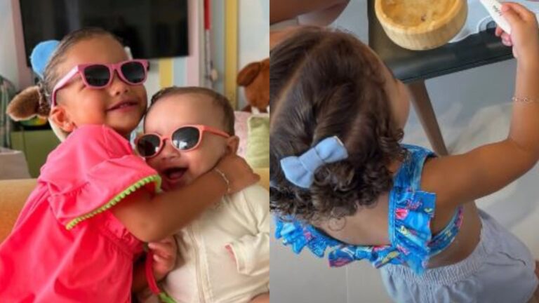 Mavie rouba a cena ajudando Bruna Biancardi com a introdução alimentar de Mel